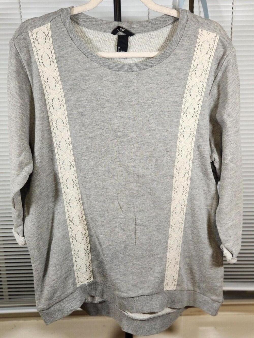 H&M Large Gray Heather Lace Trimmed 3/4 Rolled Cuff Cotton Blend Sweatshirt